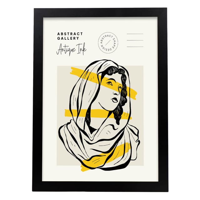 Nacnic Illustrations À L'encre Noire Et Jaune. Vierge Marie. Illustrations Artistiques Modernes Pour La Décoration Intérieure. A3, Avec Cadre.