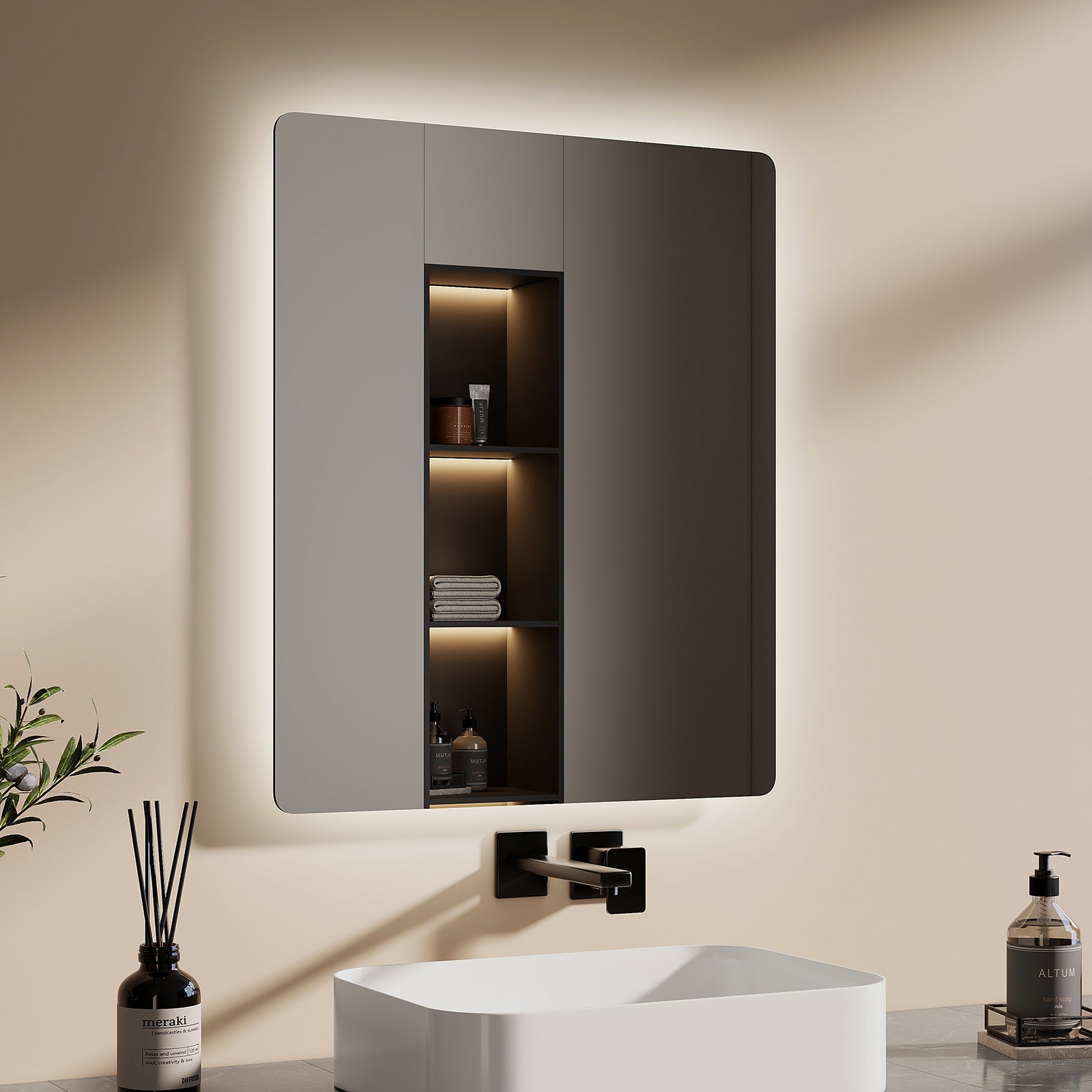 Miroir De Salle De Bain LED Moderne Avec Bluetooth Et Horloge ! Design Argenté, Fixation Murale - Plusieurs Tailles Dispo.