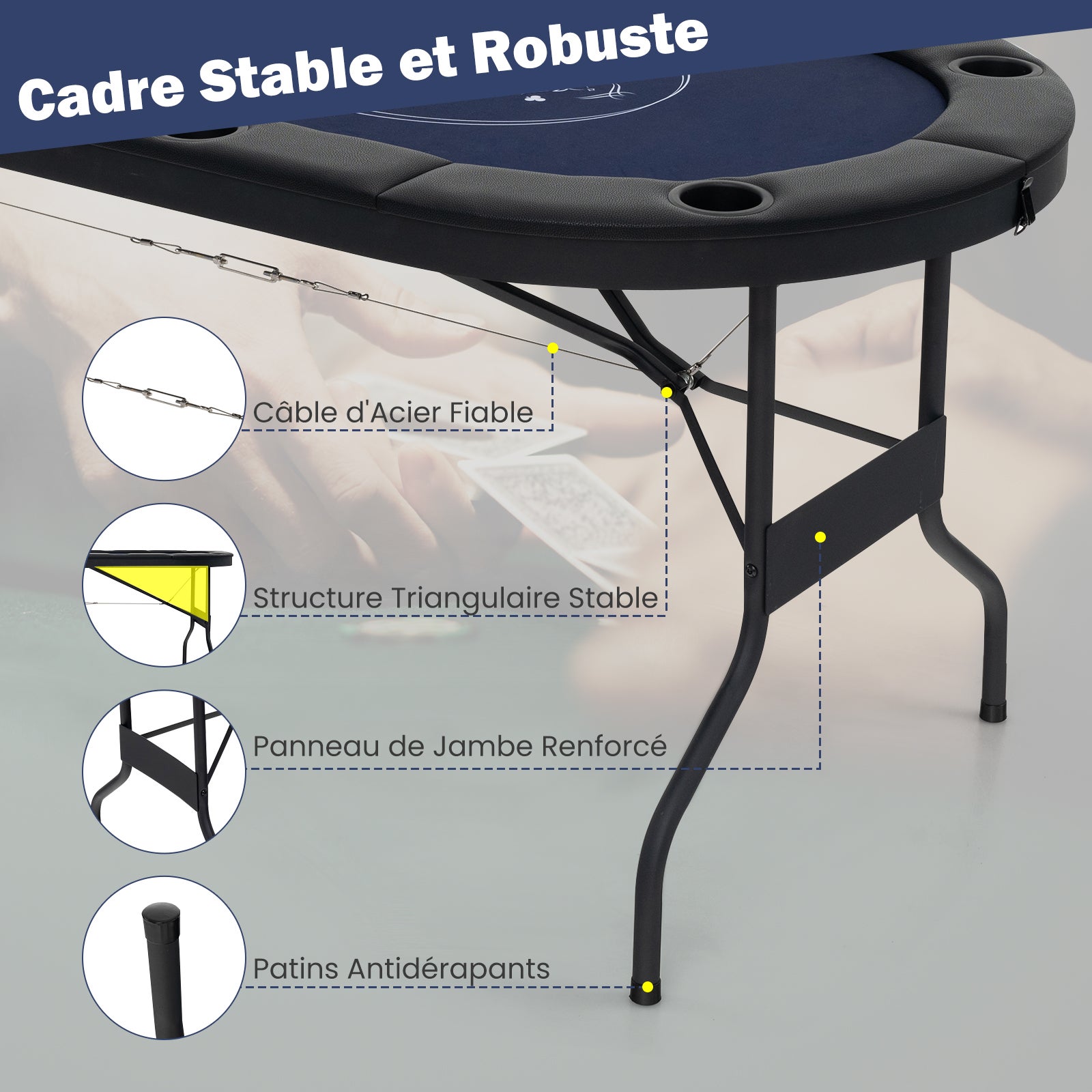Składany Stół do Pokera dla 8 Graczy, Stół do Gier Towarzyskich 182 cm, 8 Metalowych Uchwytów na Kubki, Wyściełane Poręcze, Texas Hold'em, Niebieski - 5