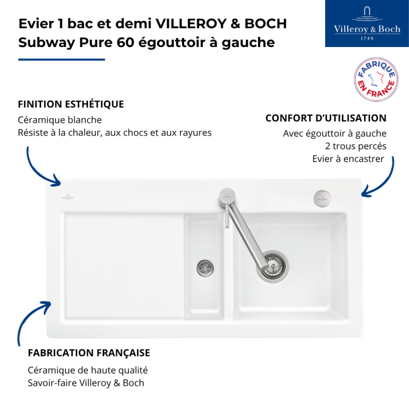 Evier 1 bac et demi VILLEROY ET BOCH Subway Pure 60 100 x 51 égouttoir à gauche céramique sans vidage blanc - 3