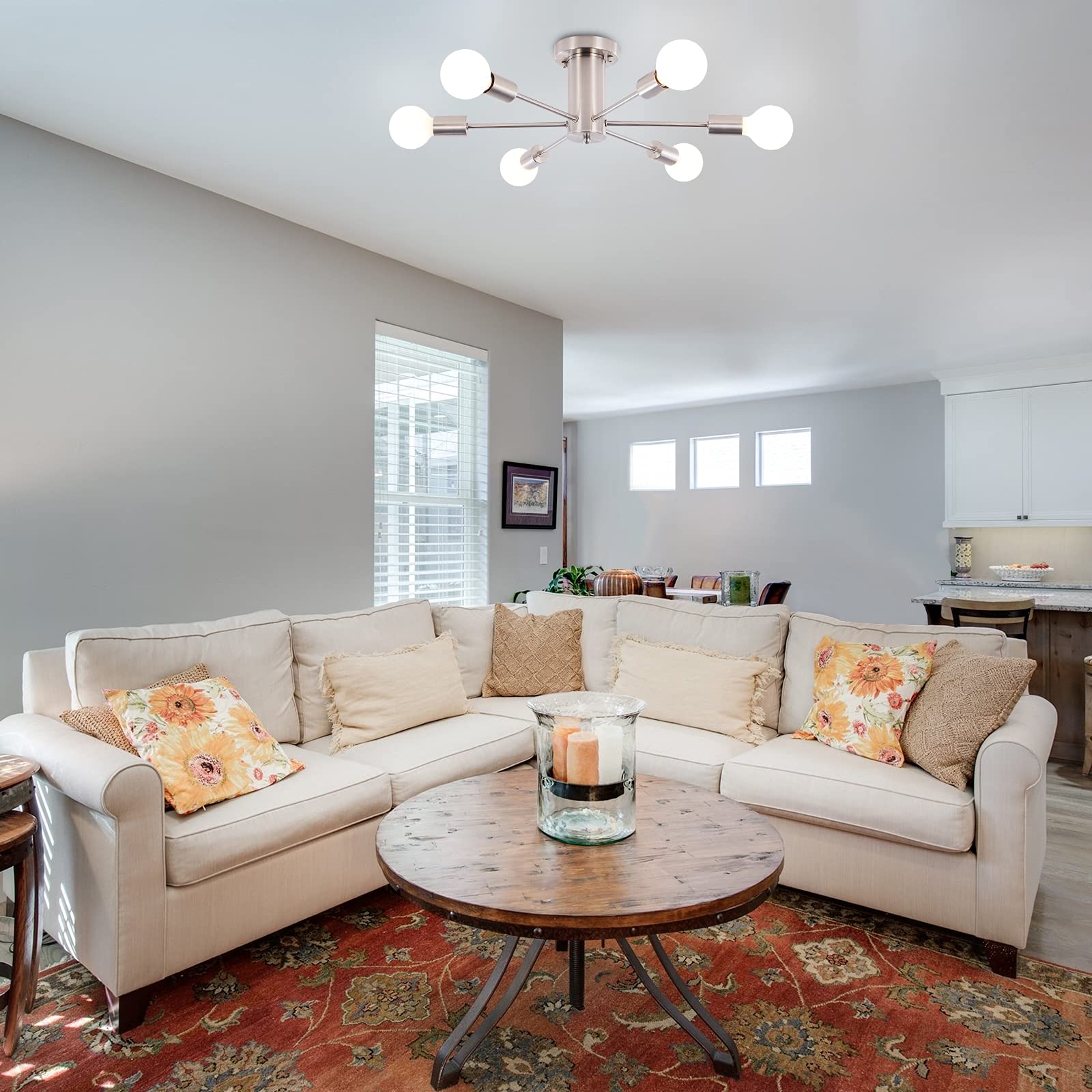 Półwpuszczana lampa sufitowa, sufitowa z 6 punktami świetlnymi, nowoczesny żyrandol satelitarny, z połowy XX wieku, srebrna (żarówki nie są dołączone) - 7