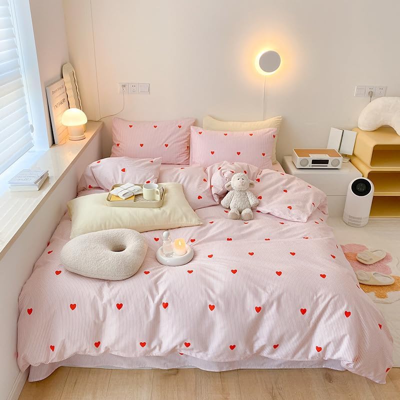 Parure de lit motif coeur rose, linge de lit en microfibre rayé, housse de couette 160 x 210 cm avec drap de lit et 2 taies d'oreiller - 3
