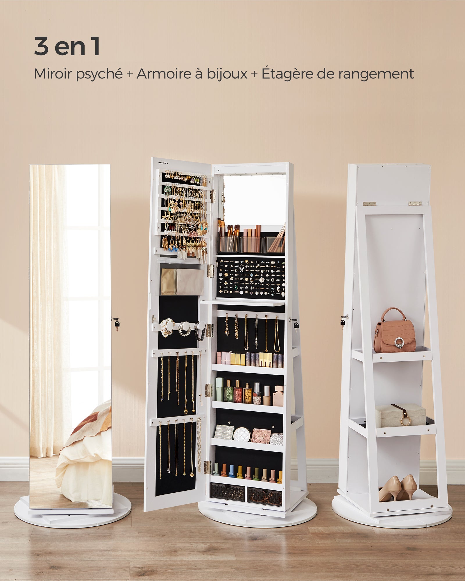Armoire à Bijoux avec Miroir sur Pieds, avec 6 LED, Rangement Bijoux Pivotant à 360°, Miroir Psyché sans Cadre,Blanc Boisé - 4
