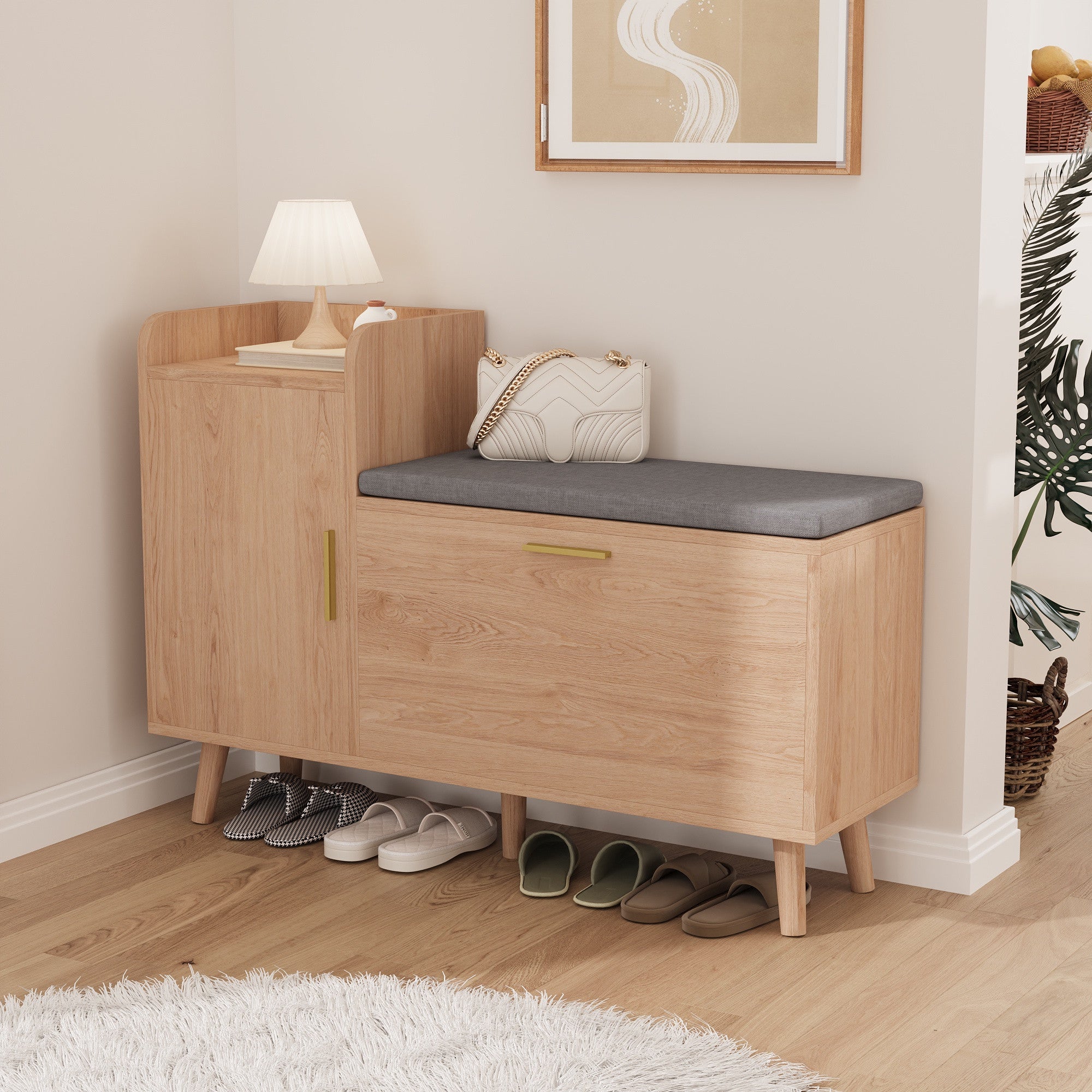 Meuble à Chaussures avec Banc Rembourré, 2 Casiers à Chaussures, Armoire Latérale et Étagère Ouverte - Style Nordique Bois Clair - 2