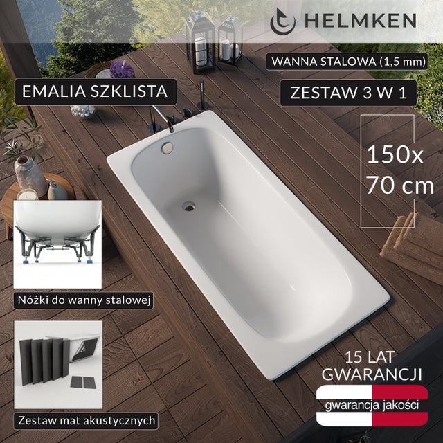 Wanna prostokątna stalowa (1,5 mm) Helmken TIVA 150 / XGB1150, 150 x 70 сm + Nóżki + Zestaw mat akustycznych