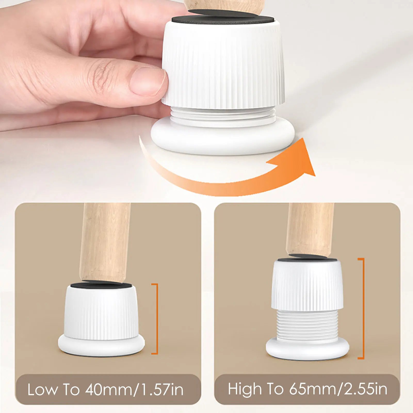 Rehausseurs de meubles 4 pièces, 40-65 mm de haut, rehausseurs de lit réglables pour lit, canapé, tables, meuble TV (blanc) - 2