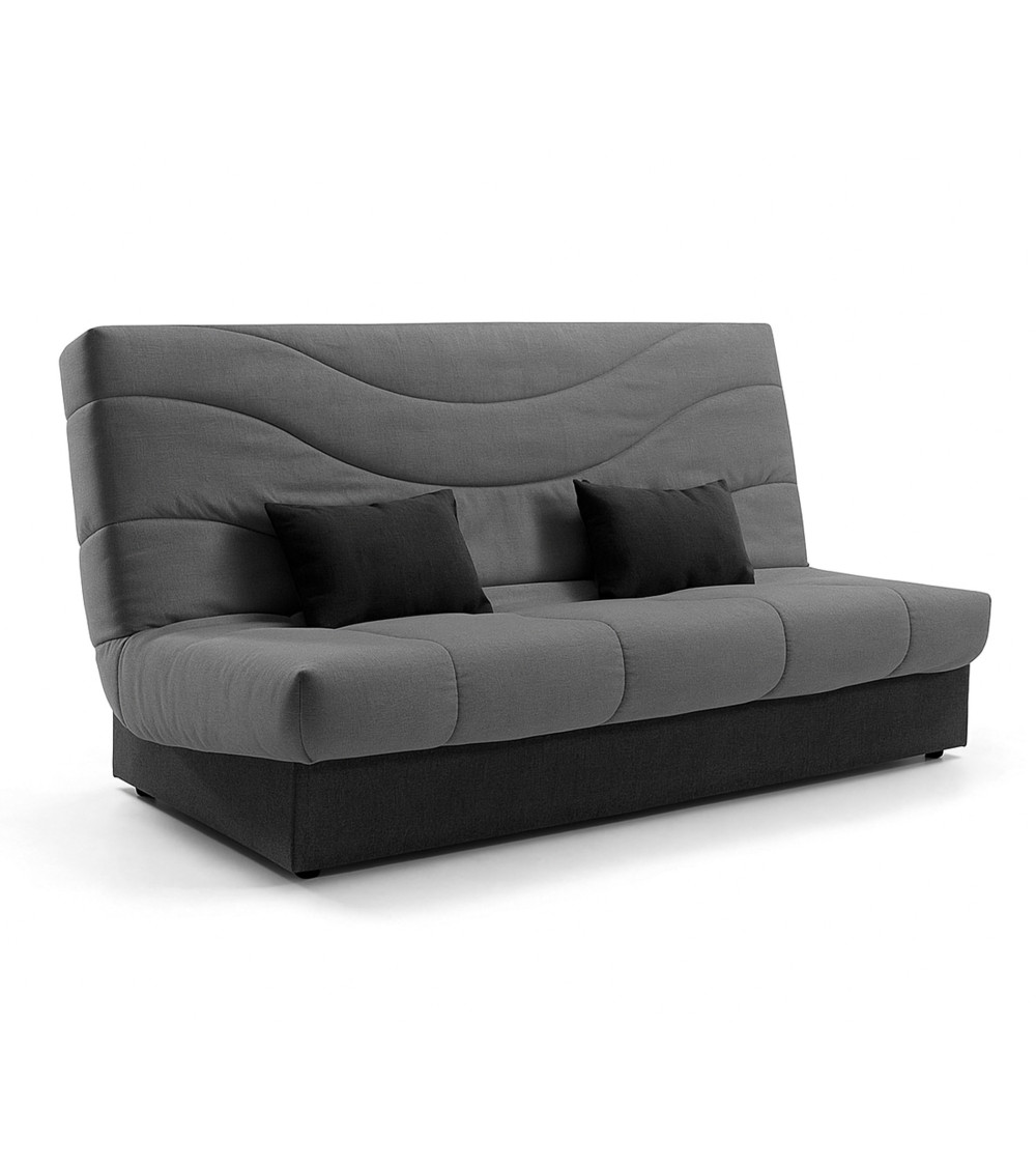 Sofá cama tedgi de 2 plazas con apertura clic clac y arcón con somier metálico tapizado en tela gris y negro