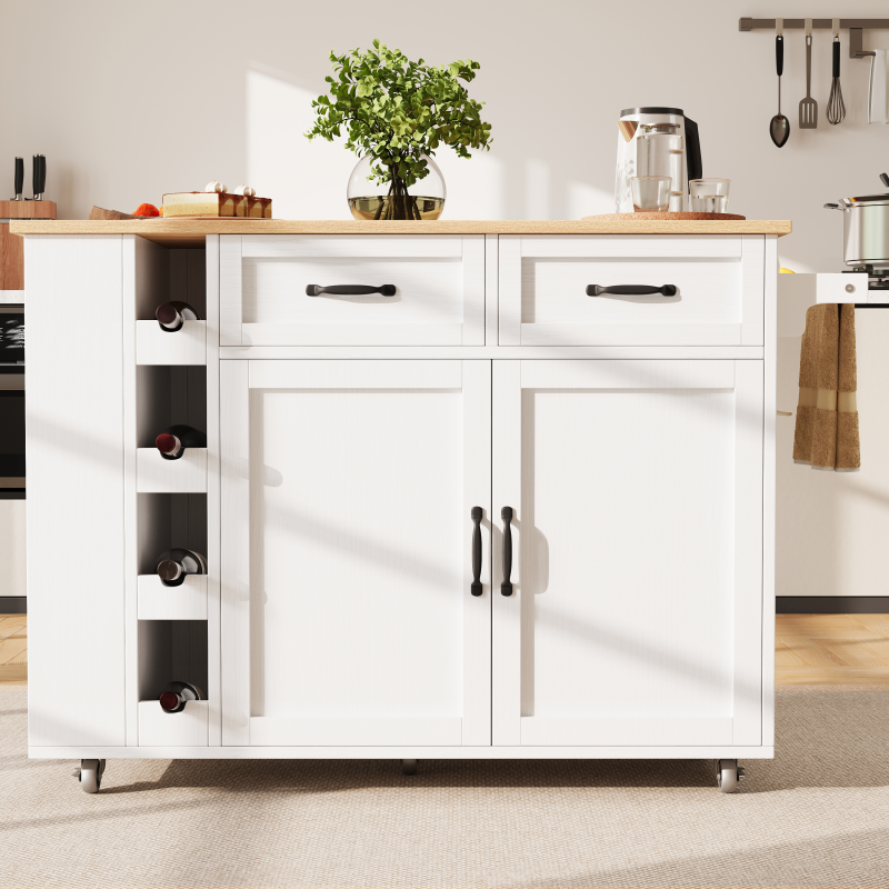 Carro de cocina, dos cajones y dos puertas, 131,5 x 43 x 90,7 cm (l x an x al), blanco