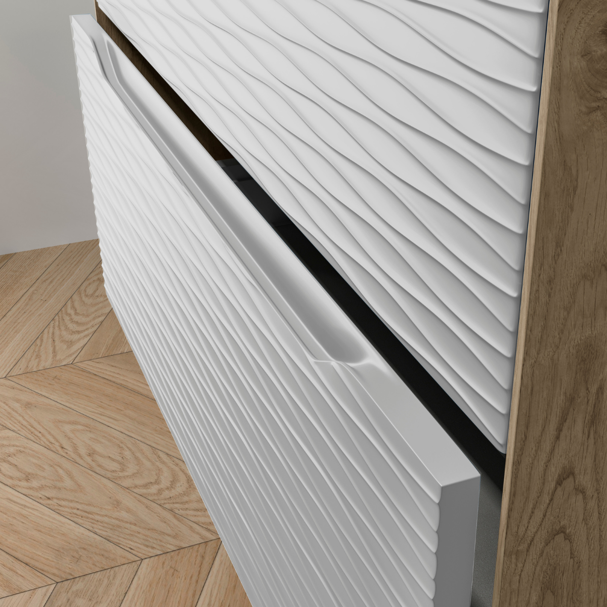 Mobili da bagno a muro con lavandino in ceramica | 2 cassetti con maniglia e organizzatore per chiusura imbottita | Quercia Naturale - Bianca | 100cm - 2