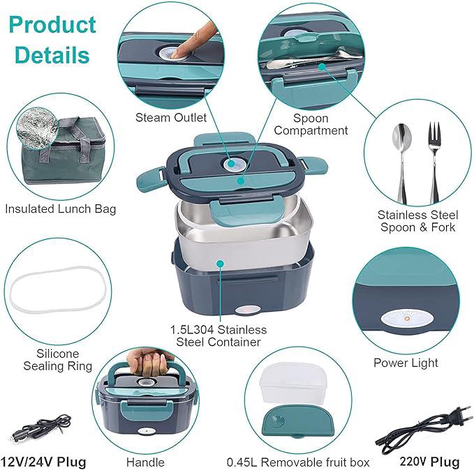 Boîte à lunch électrique portable 3 en 1, norme européenne (12 V/24 V/220 V), chauffe-plats de 1,5 L pour voiture, camion, maison ou camping - 2