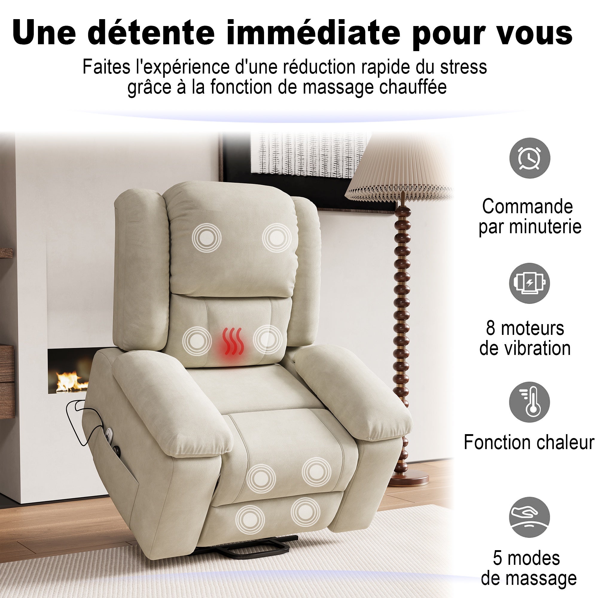 Fauteuil Électrique Releveur et Inclinable avec Fonction Massage - Chauffant 8 Points, Ports USB - Pour Seniors et Dégaine - Marron - 7