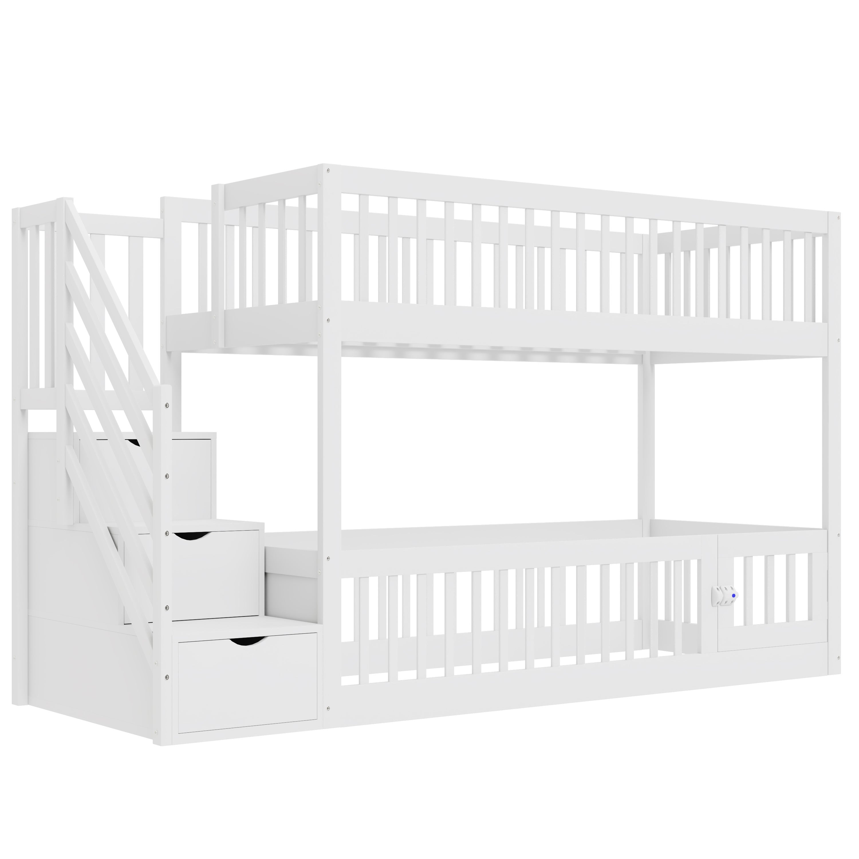Lit superposé 90x200cm - avec escalier de sécurité - avec 3 tiroirs - Blanc (matelas non inclus) - 6