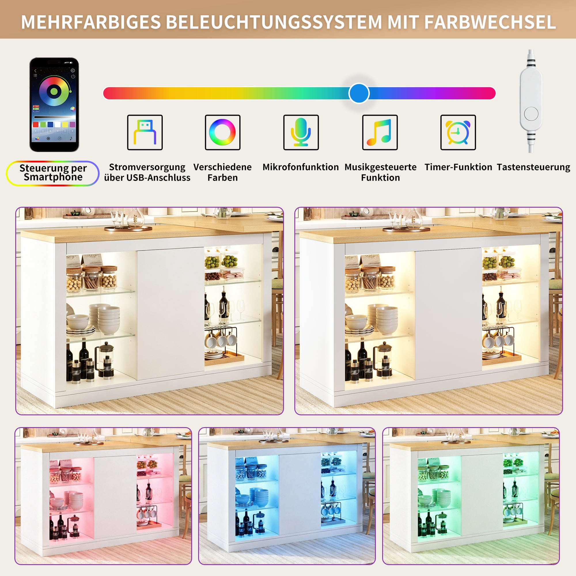 Ilot Cuisine Extensible 120-197*40*72cm cm avec Table à Manger, Pivotant 360°, LED RGB App, Portes Magnétiques et Étagères en Verre, Blanc - 6