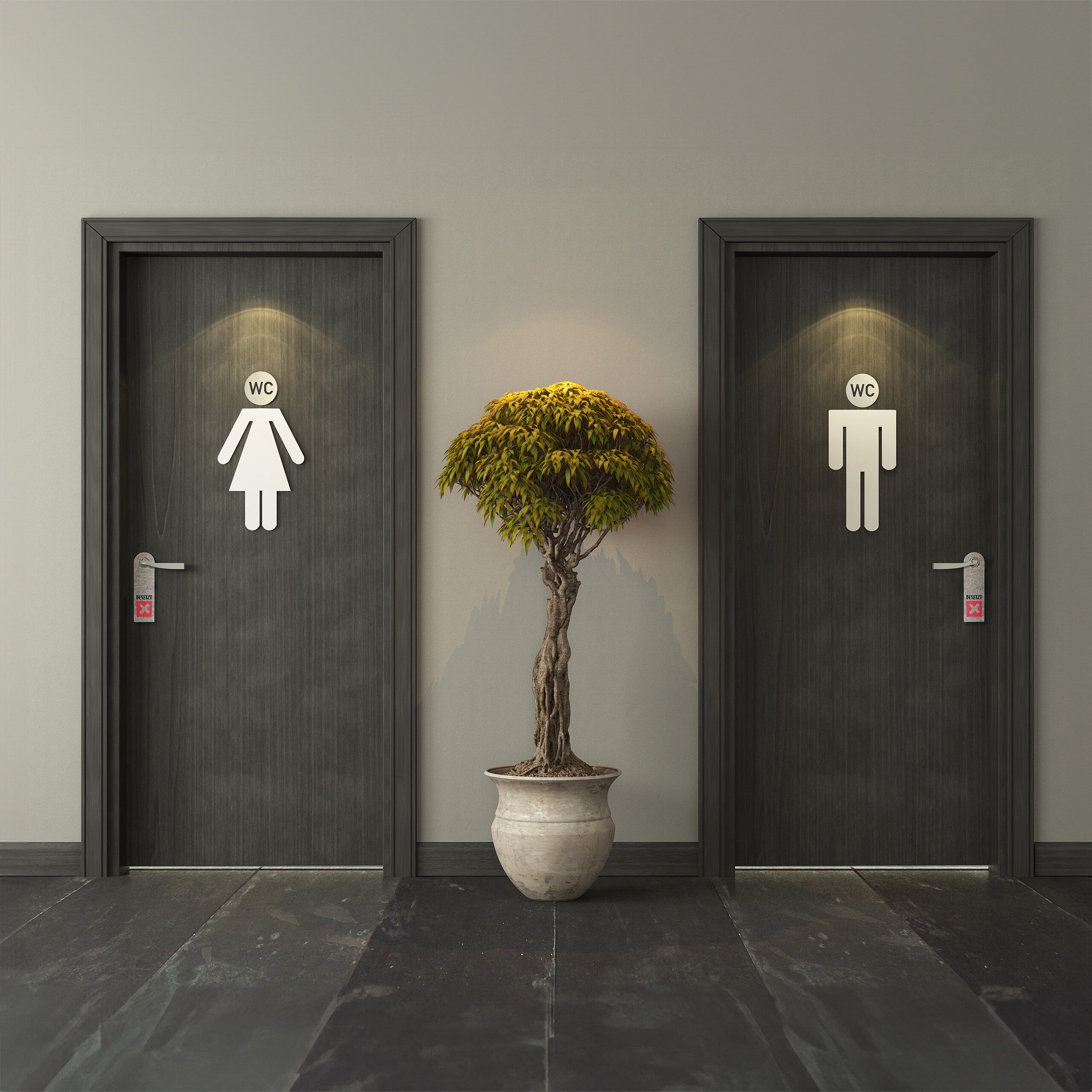 Targhetta per Porta, Toilette WC, Set da 4 Cartelli da Bagno Autoadesivi, Targa Ø 10 cm, Alluminio, Argentato, Relaxdays - 5