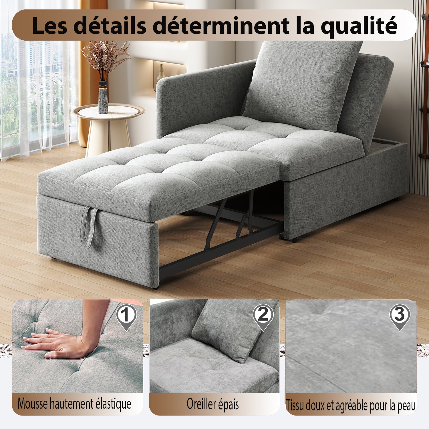 Rozkładana sofa 1-osobowa, 3 w 1, tapicerowana sofa z funkcją spania – 97/177 x 65 x 65 cm – tkanina lniana – regulowane oparcie – szara - 7