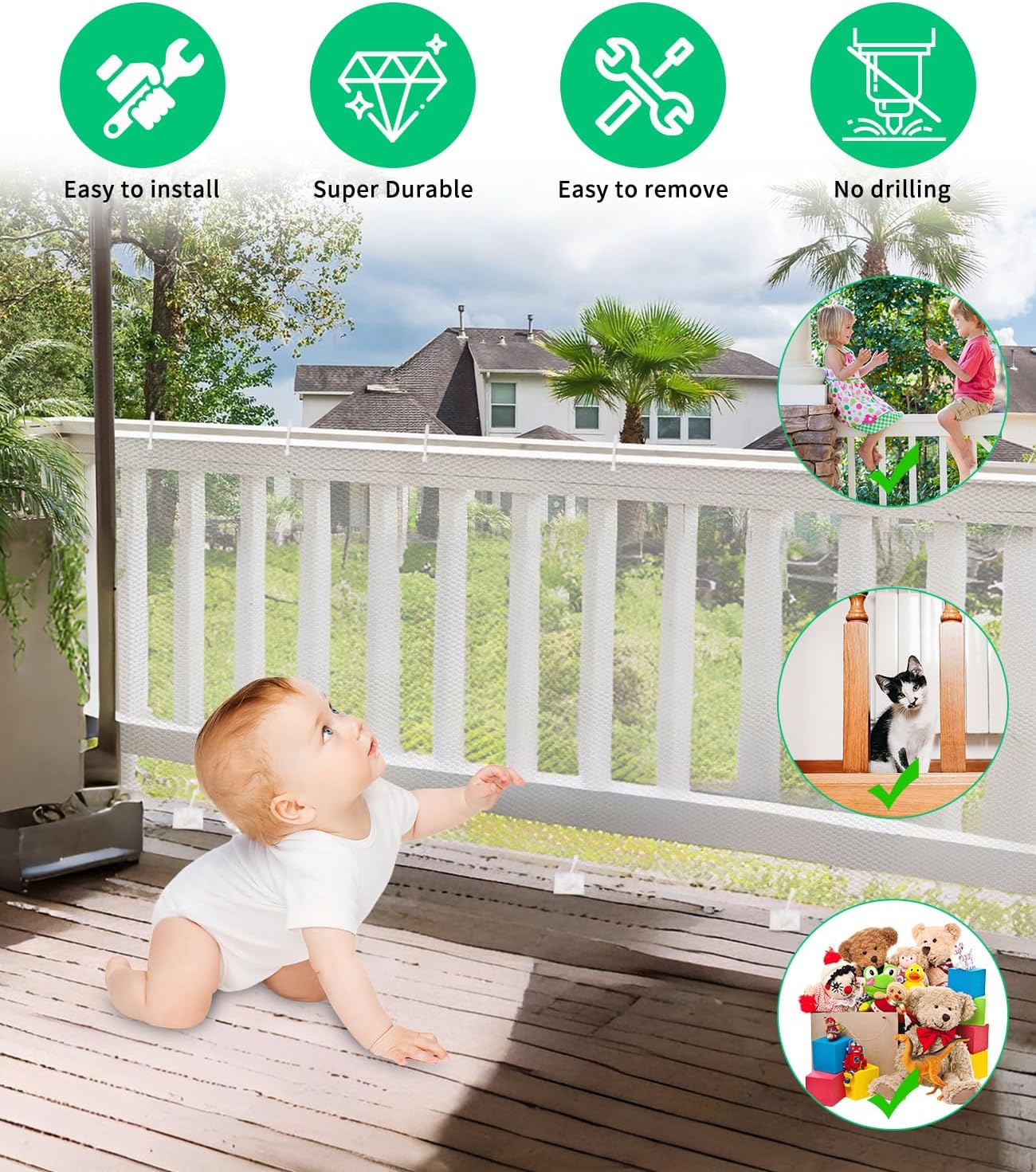Red de seguridad infantil, red de seguridad para escaleras, balcones y vallas, barrera de seguridad infantil de 300 x 90 cm, color blanco - 2
