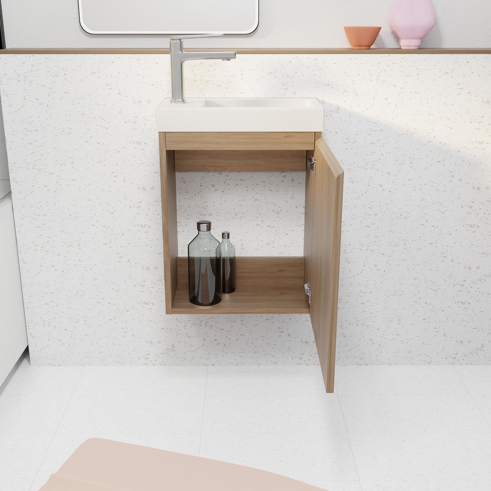 Meuble Lave Mains Décor Bois 40x50x22 cm avec Vasque en SMC Blanche - ELEMENTARY - 2
