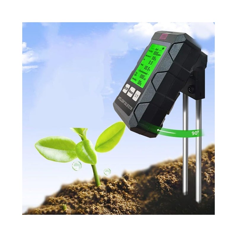 6-w-1 tester gleby z ekranem LCD analizuje żyzność gleby, wilgotność składników odżywczych, pH, wilgotność i temperaturę.