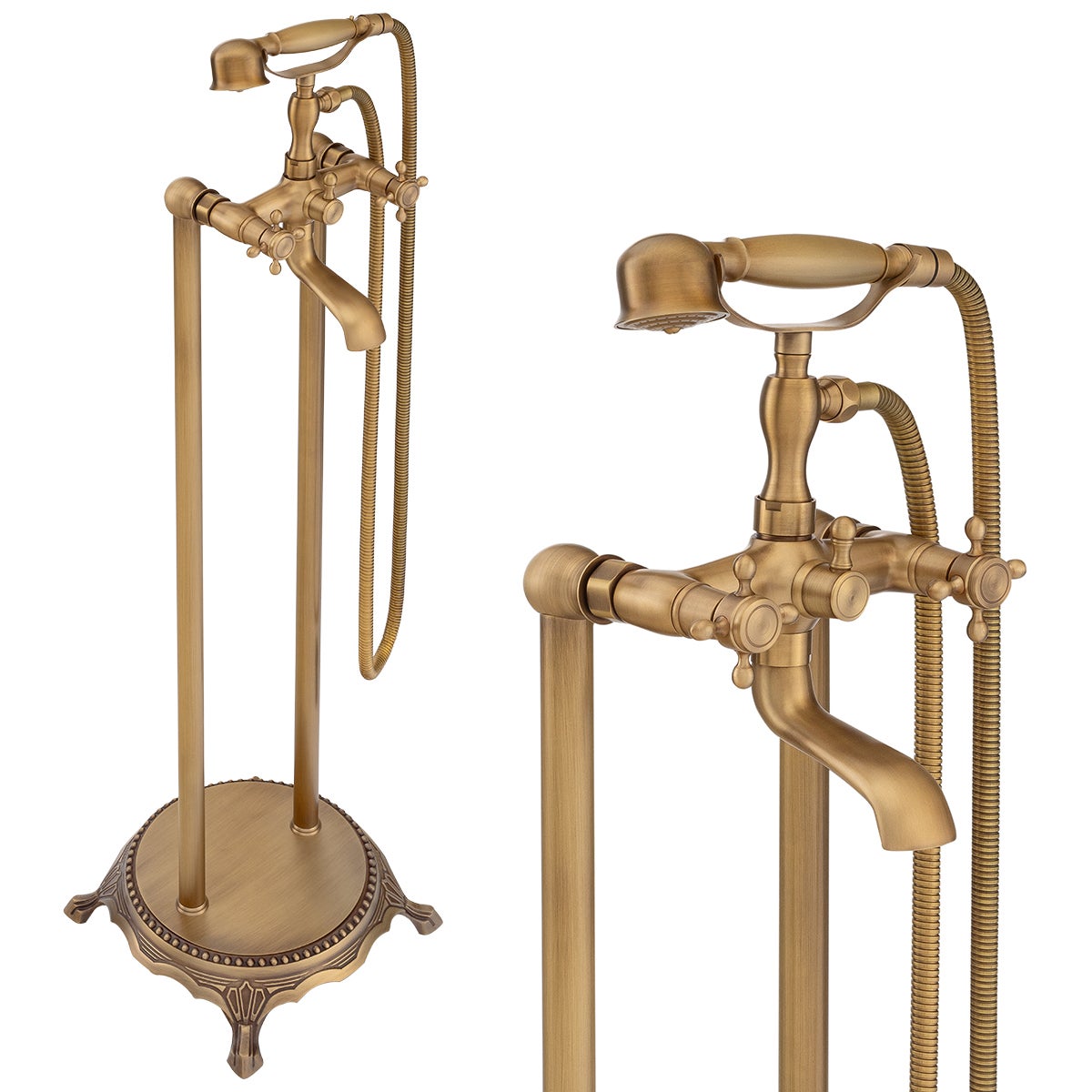 Silla élégant Robinet de Baignoire retro sur pied avec inverseur et bec rotatif avec douchette et flexible, Vintage Doré - 6