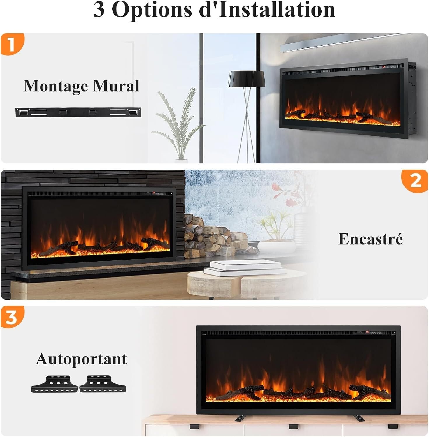 Cheminée électrique Murale 750W/1500W, Effet Flamme avec 9 Couleurs, Cheminée Chauffante 91,5 cm, Température Réglable 18-28℃, Minuterie - 3