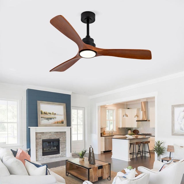 Ventilateur plafond 52 pouces avec lumière, 3 pales bois noyer, double commande (télécommande+interrupteur), moteur DC silencieux