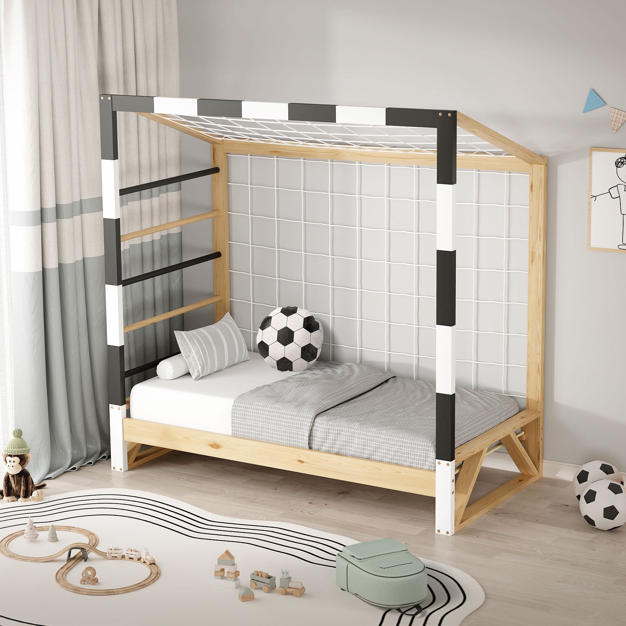 ML-Design łóżko dziecięce 70x140 cm z bramką piłkarską materacem H:10 cm drabinką siatką i stelażem łóżko młodzieżowe dla chłopców i dziewczynek