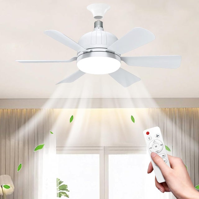 Wentylator sufitowy E27 z oświetleniem i pilotem, ściemnialne wentylatory sufitowe LED, wentylator z żarówką 46 cm, 3 prędkości, 3 kolory, wentylator