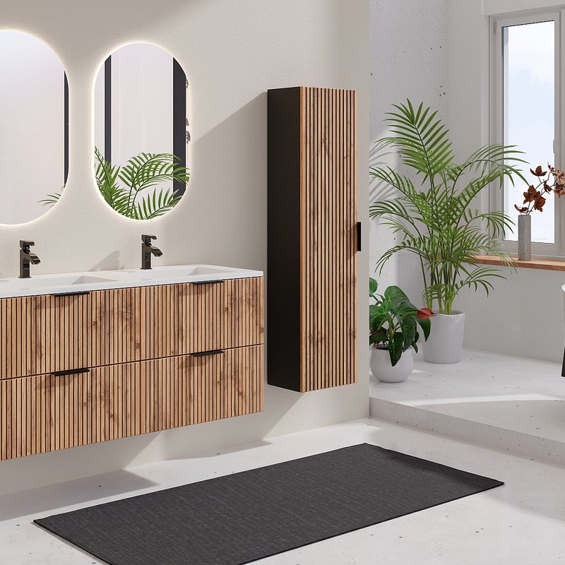 Szafka łazienkowa wisząca ryflowana z umywalką wpuszczaną w blat i słupkiem - Naturalny jasny i czarny - 120 cm - MADELA