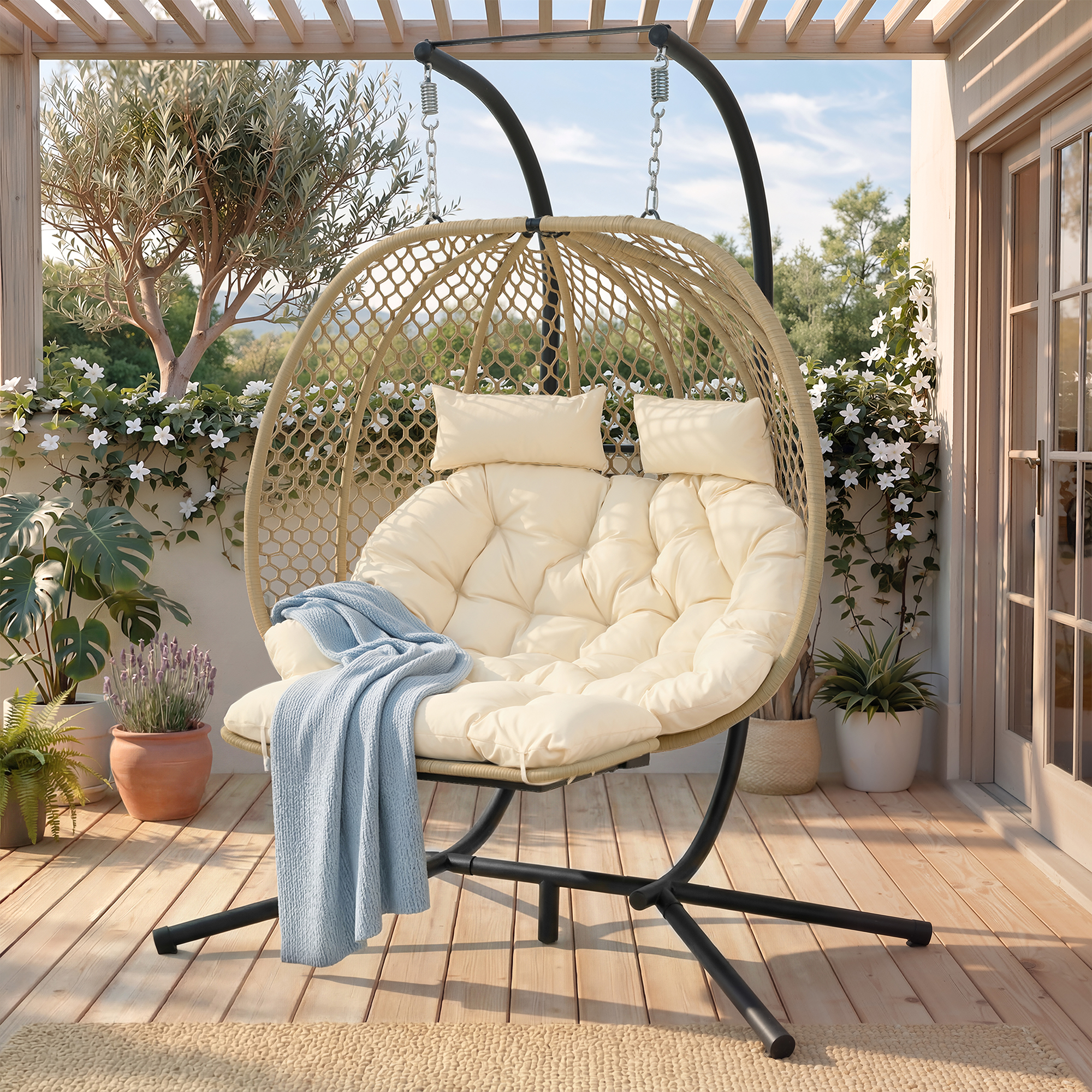 Fauteuil Oeuf Suspendu Double avec Support - Balancelle de Jardin avec Repose-pieds Réglable, Coussin Épais et Appuie-têtes - Beige - 2