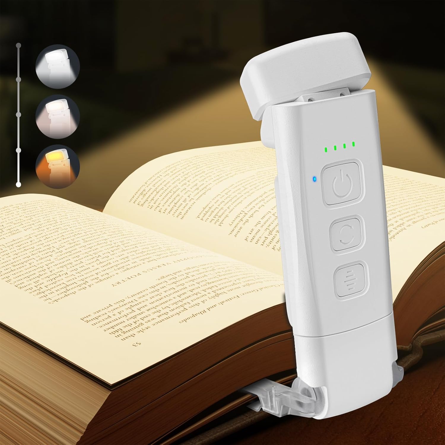 Biała lampka do czytania Eye-Care – 3 kolory i 5 regulowanych poziomów jasności –przenośna lampa z klipsem do książki –idealna do wieczornego czytania