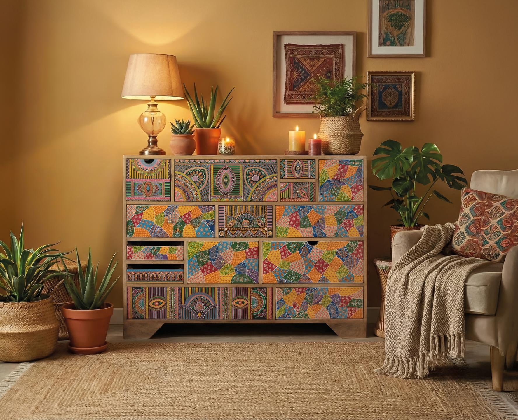 Komoda z drewna mango 120 cm w stylu boho etnicznym - 91x120x40 GYC - 6