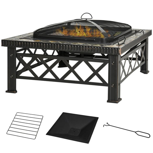 Brasero 3 en 1 avec pare-étincelles, grille de cuisson, seau à glace et barbecue de jardin, noir, 76 cm x 76 cm x 47 cm