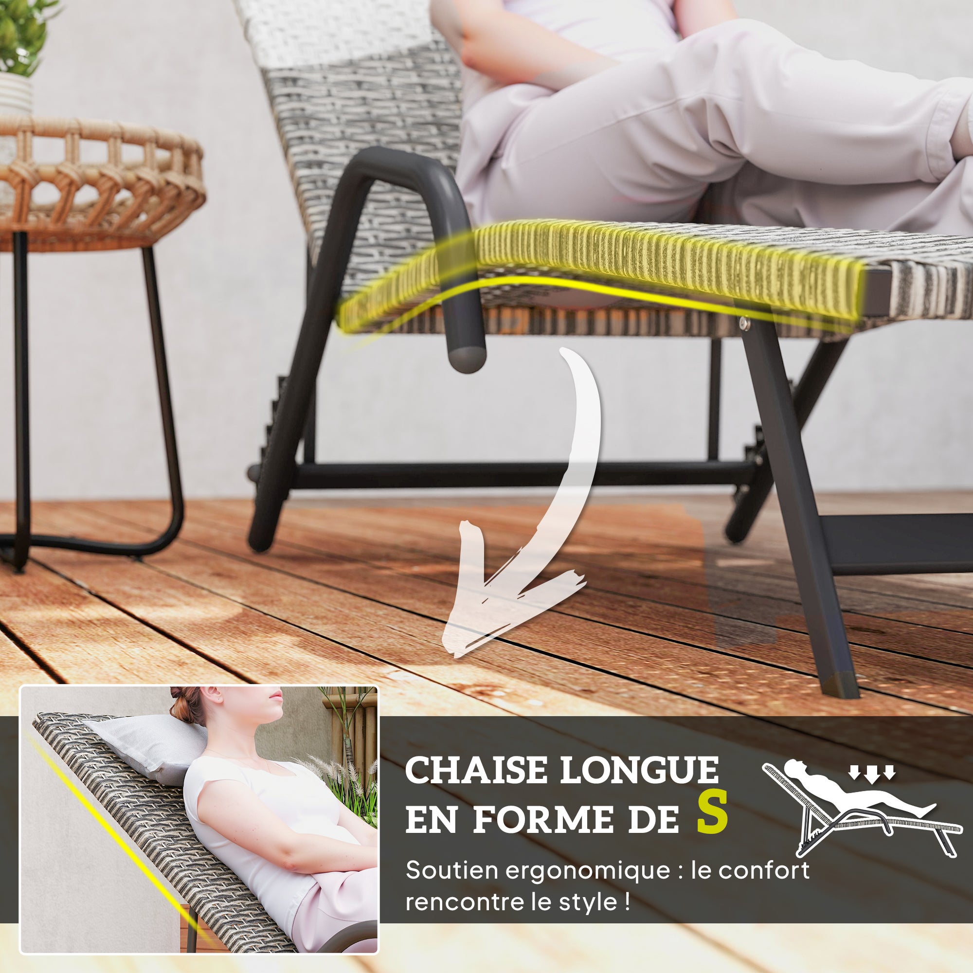 Bain de soleil inclinable et réglable sur 4 positions,en résine tressée en forme de S,156x62x96cm,marron - 7