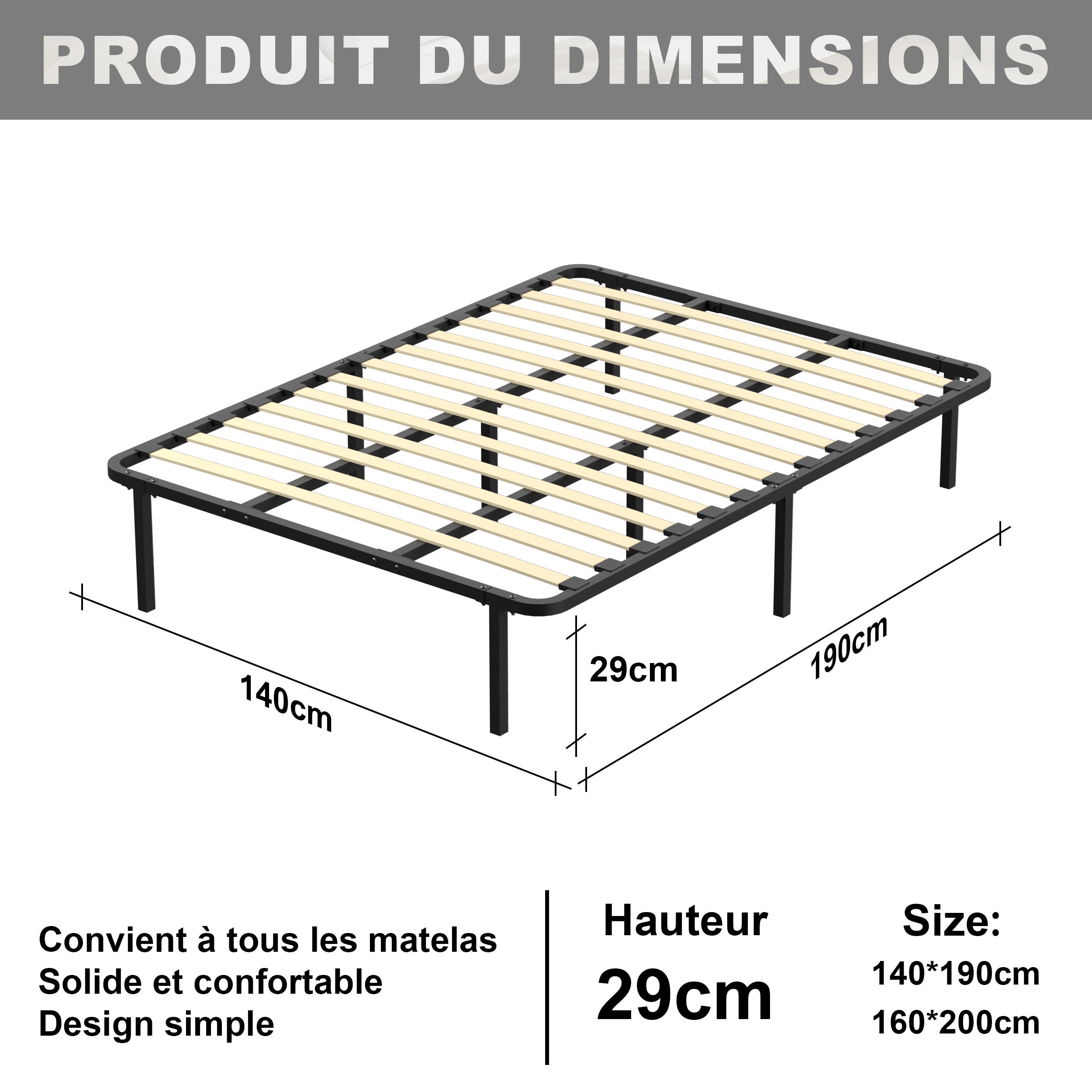 DEWINNER Cadre de lit 140 x 190 cm, hauteur 29 cm (140 × 190), équipé de 8 pieds. - 2