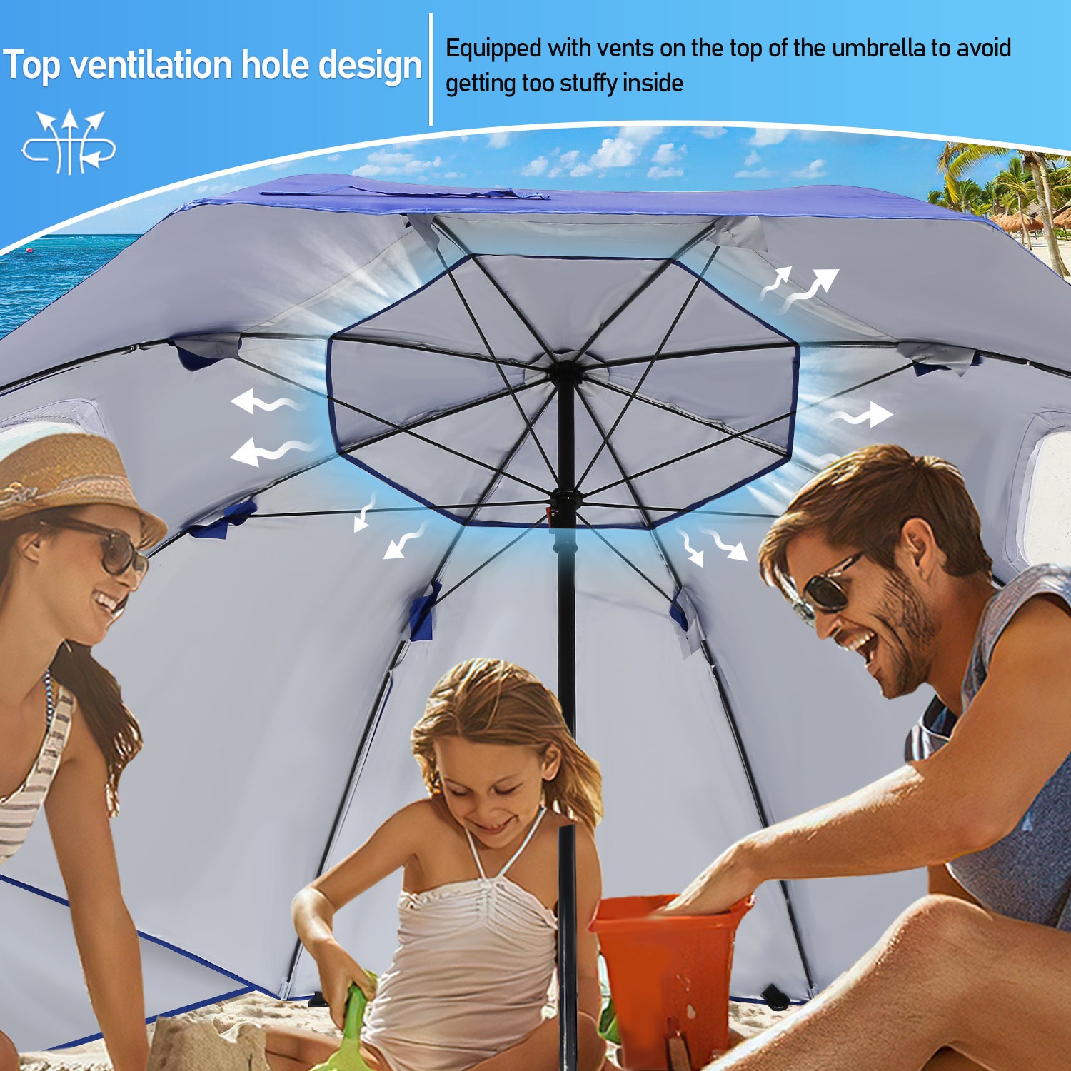 Parasol de plage ou jardin 210 cm avec protection UV, en bleu, en polyester durable, avec piquet, avec ou sans côté - 6