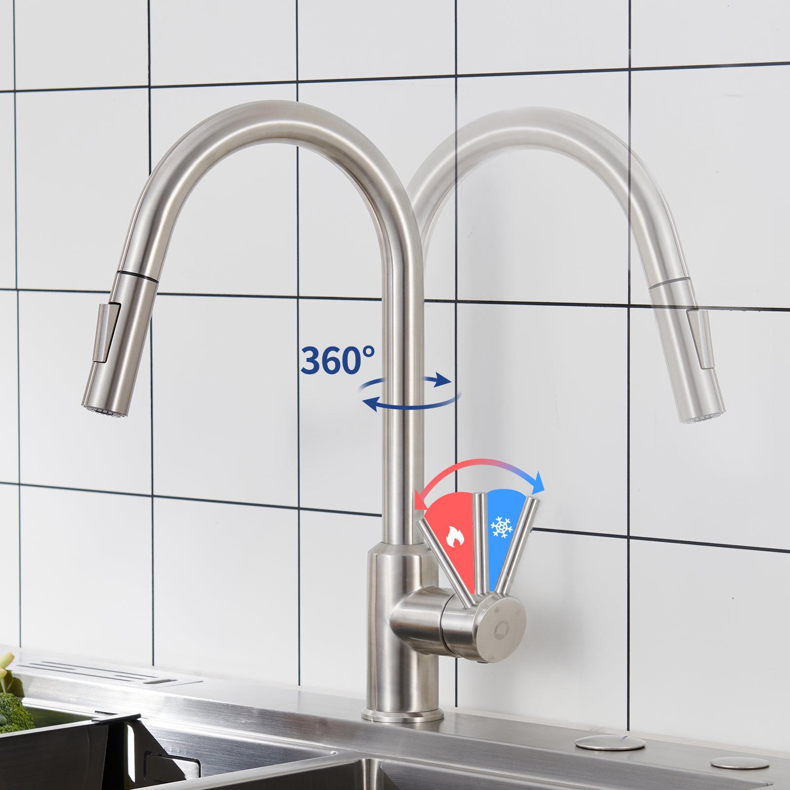 Cecipa max Mitigeur de Cuisine avec Douchette Extractible - en Acier Inoxydable Brossé Mitigeur Cuisine d'Évier - 2 modes de sortie d'eau,EU Modèle - 3