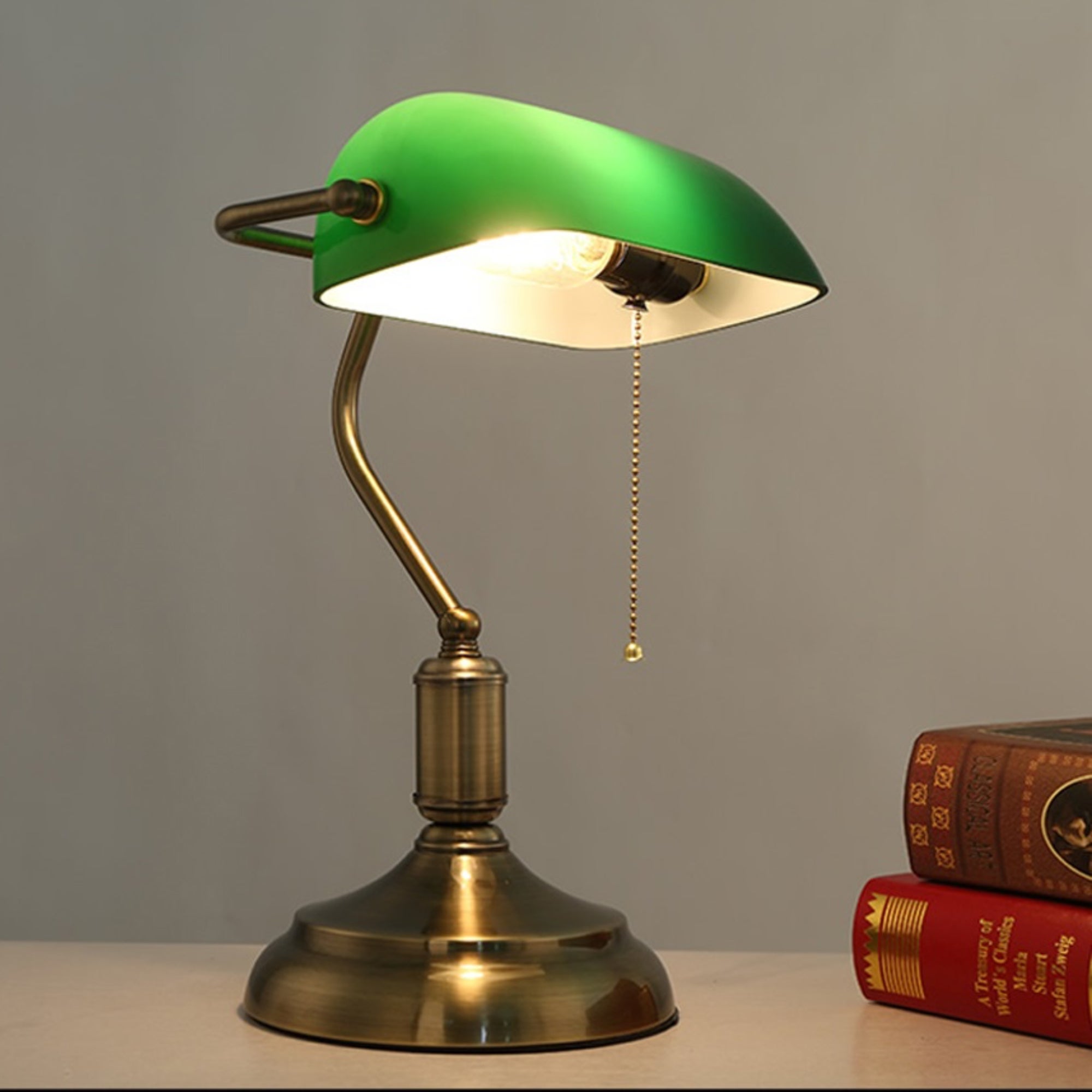 Lampe Banquier FISHTEC Verte Vintage Verre Opaline Inclinable Finition Laiton Interrupteur Chaînette E27 Bureau Bibliothèque - 5