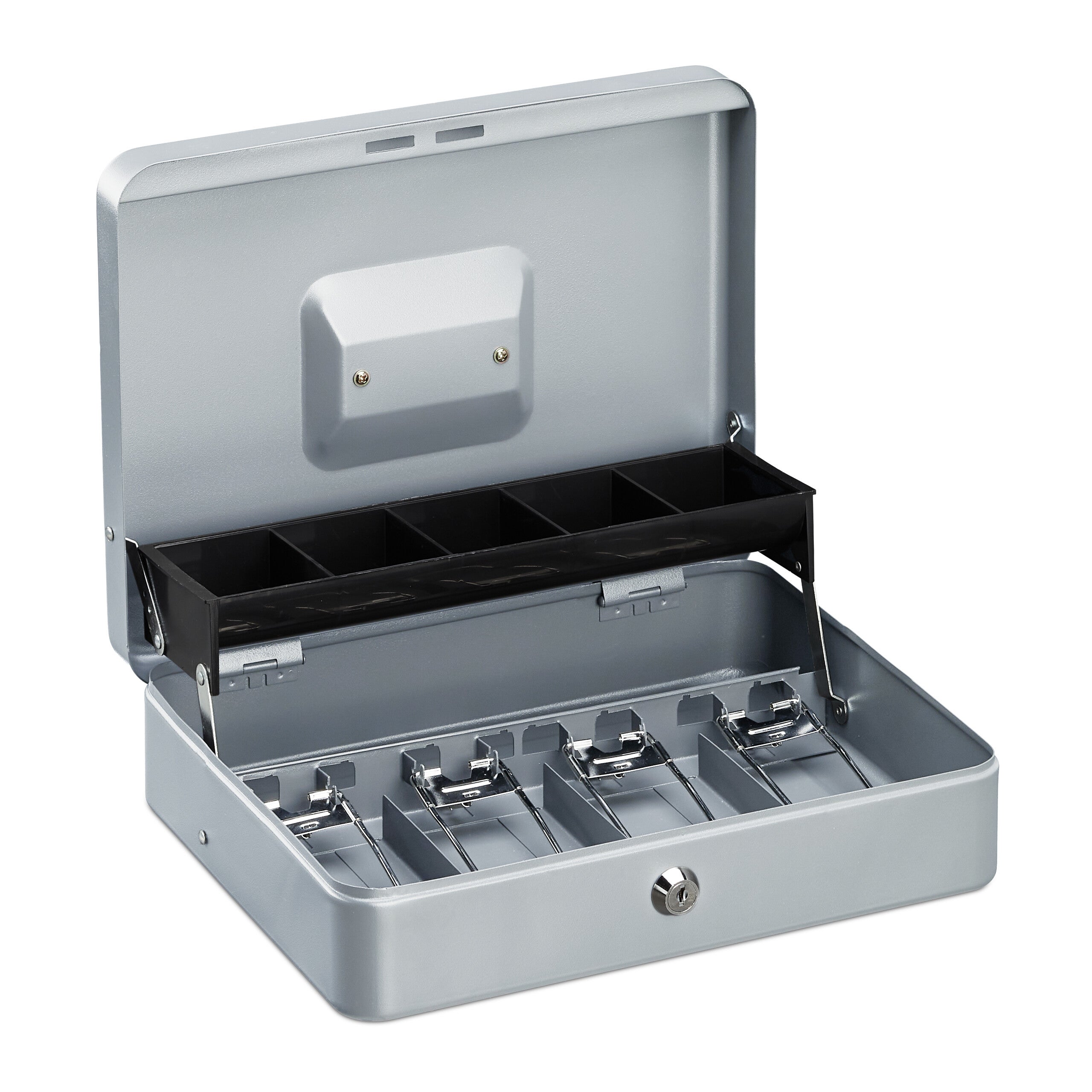 Relaxdays Caisse à monnaie, verrouillable, compartiments pour pièces et billets, fer, HLP 8,5 x 30,5 x 24,5 cm, argent - 6