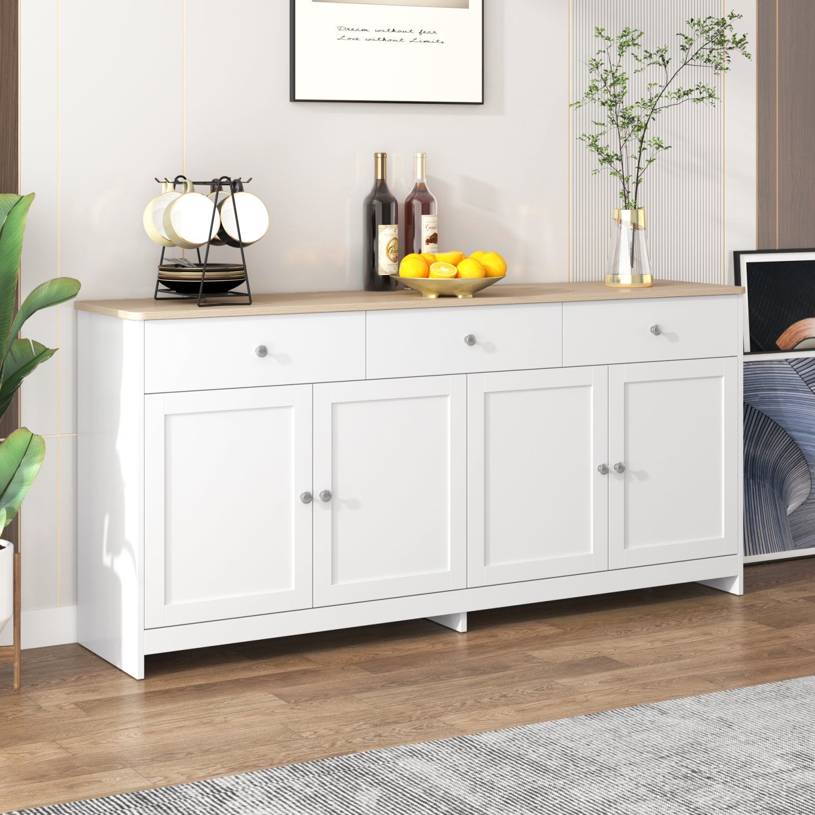 Buffet Bahut 160x37x75cm - Style Campagne Moderne avec 4 Portes et 3 Tiroirs - Plateau Effet Chêne et Corps Blanc - 9