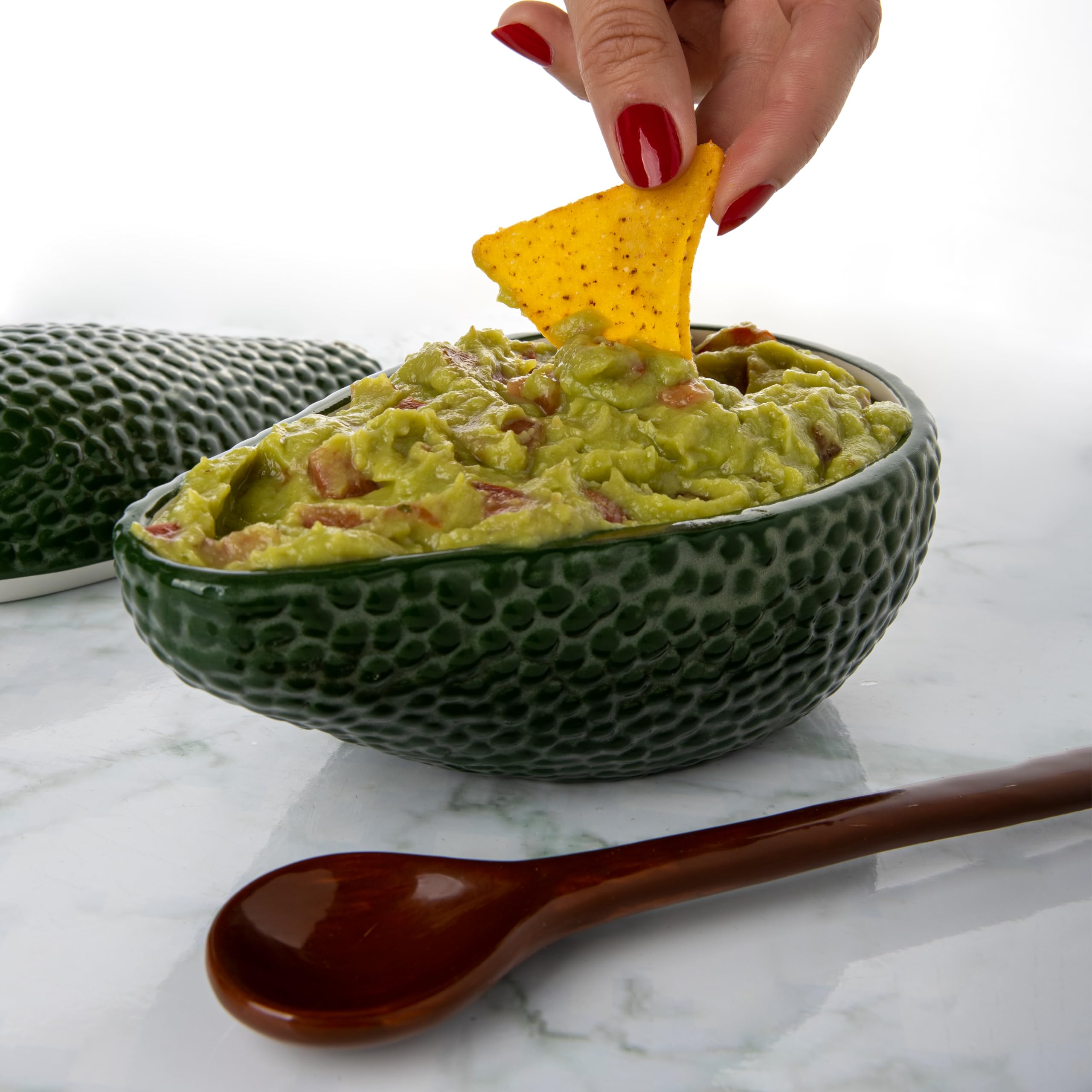 Fisura - Ciotola per guacamole con cucchiaio. Originale ciotola a forma di avocado. Ciotola per guacamole in porcellana. Ciotola verde per antipasti. - 2