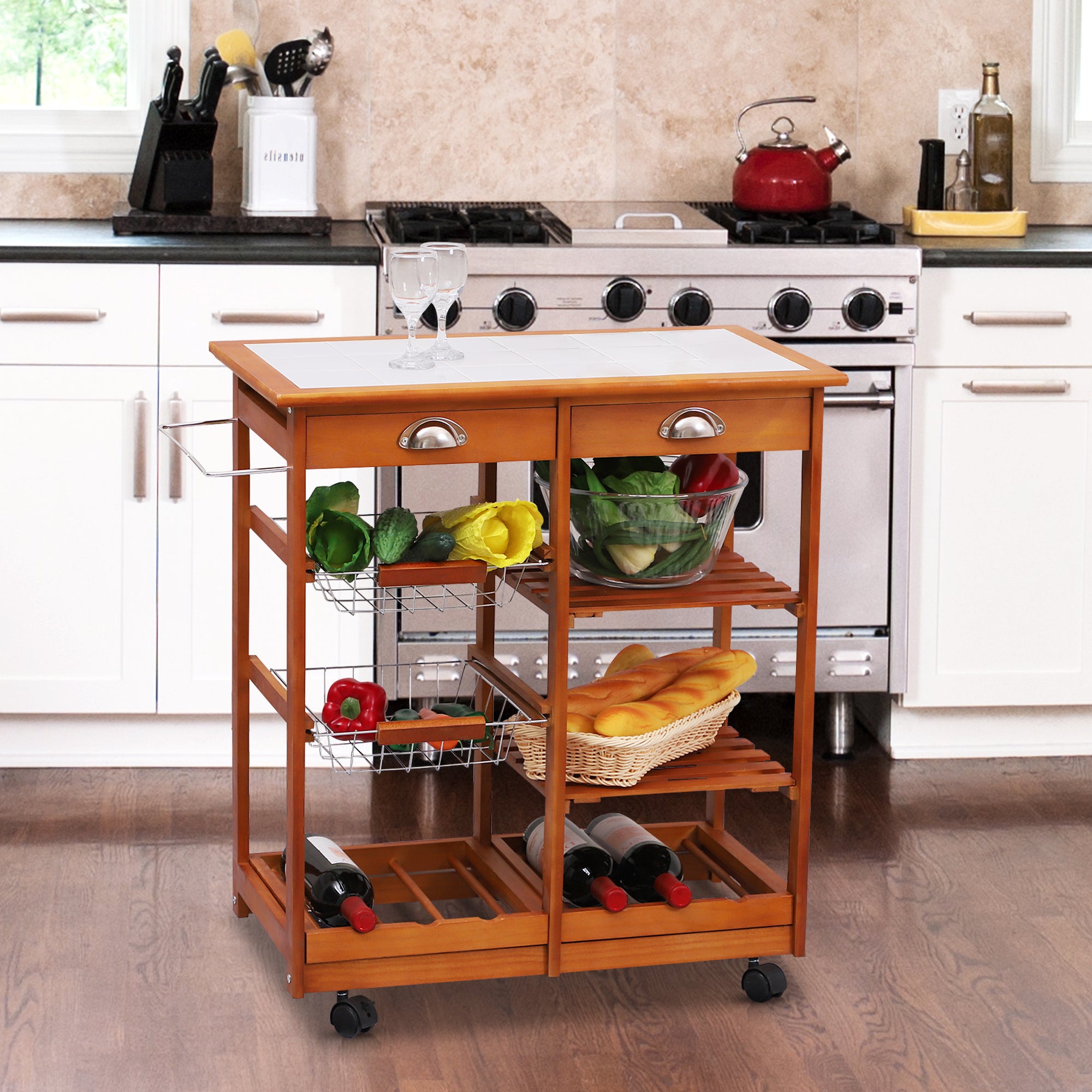 Carrello Da Cucina In Legno Di Pino HOMCOM, 74x37x76 Cm, Nero, Con 2 Cestelli, Cassetti E Portabottiglie