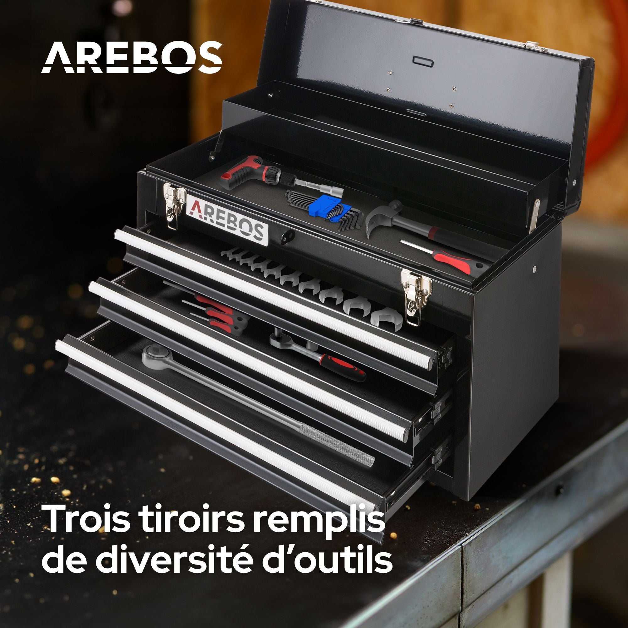 AREBOS Boîte à outils avec 3 tiroirs et 2 compartiments de rangement Noir Poignée de transport et fermetures à pression Coffret à Outils - 4