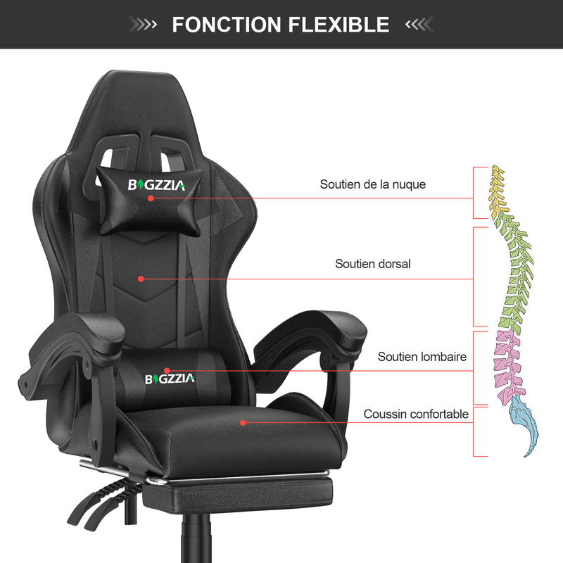 Sedia da ufficio, sedia da gioco ergonomica RATTANTREE in similpelle, altezza regolabile, con poggiatesta e supporto lombare, poggiapiedi, nera - 4