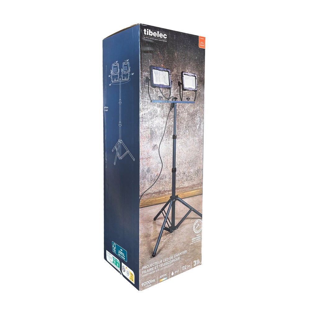 Projecteur LED de chantier filaire sur pied télescopique 2x50W, 2x4600 lumens, IP65, IK07, 4000K, garantie 3 ans - Tibelec - 3