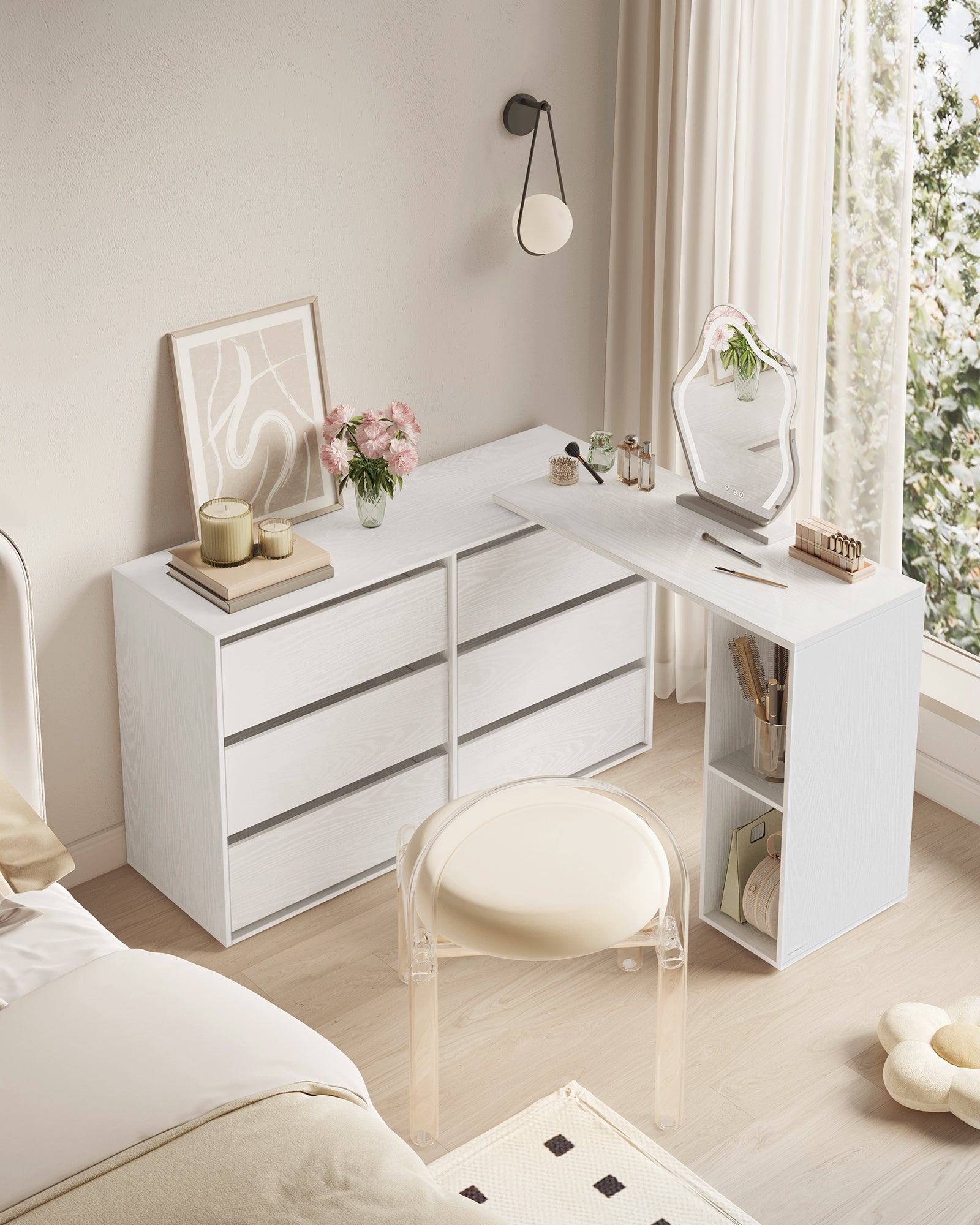 Assemblage Rapide sans Outils Toolless, Commode, Meuble de Rangement, Coiffeuse avec Étagère, Côte à Côte ou en L, pour Chambre, Bureau, Blanc Neige - 7