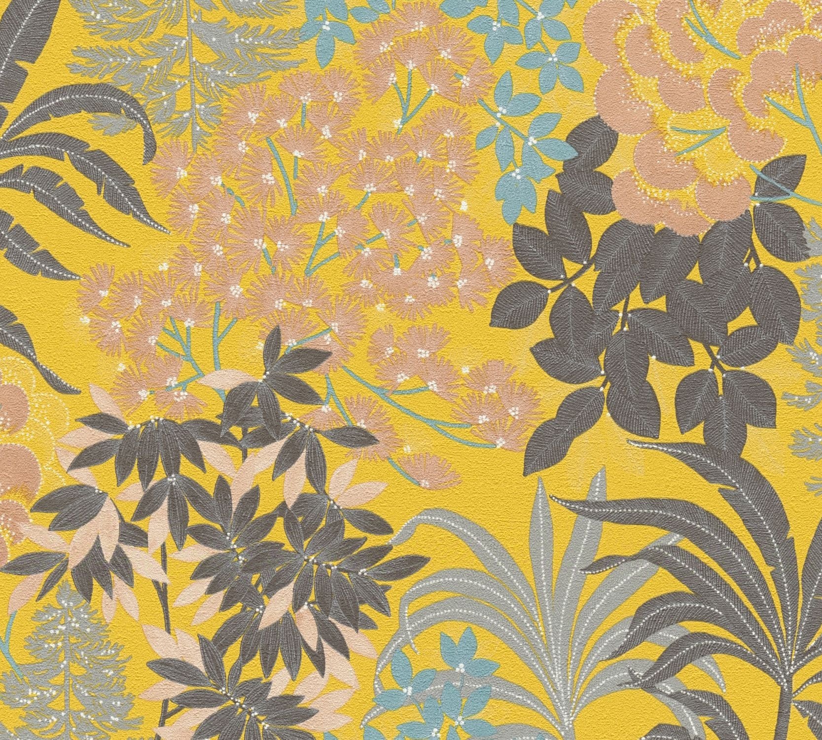 Tapeta kwiaty żółtym,czarnym,różowym,niebieskimIszarym - 53 cm x 10.05 m - LIVINGWALLS