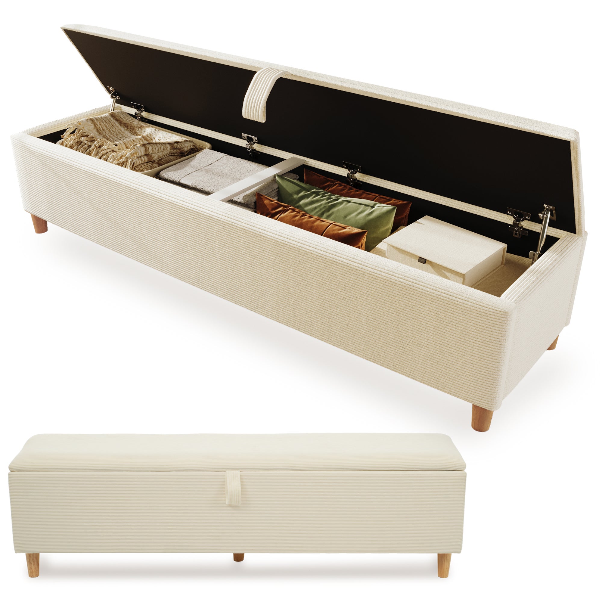Banc coffre de rangement en velours côtelé, banquette de lit - 145 x 38 x 46 cm - pour chambre, salon et couloir - Beige - 2