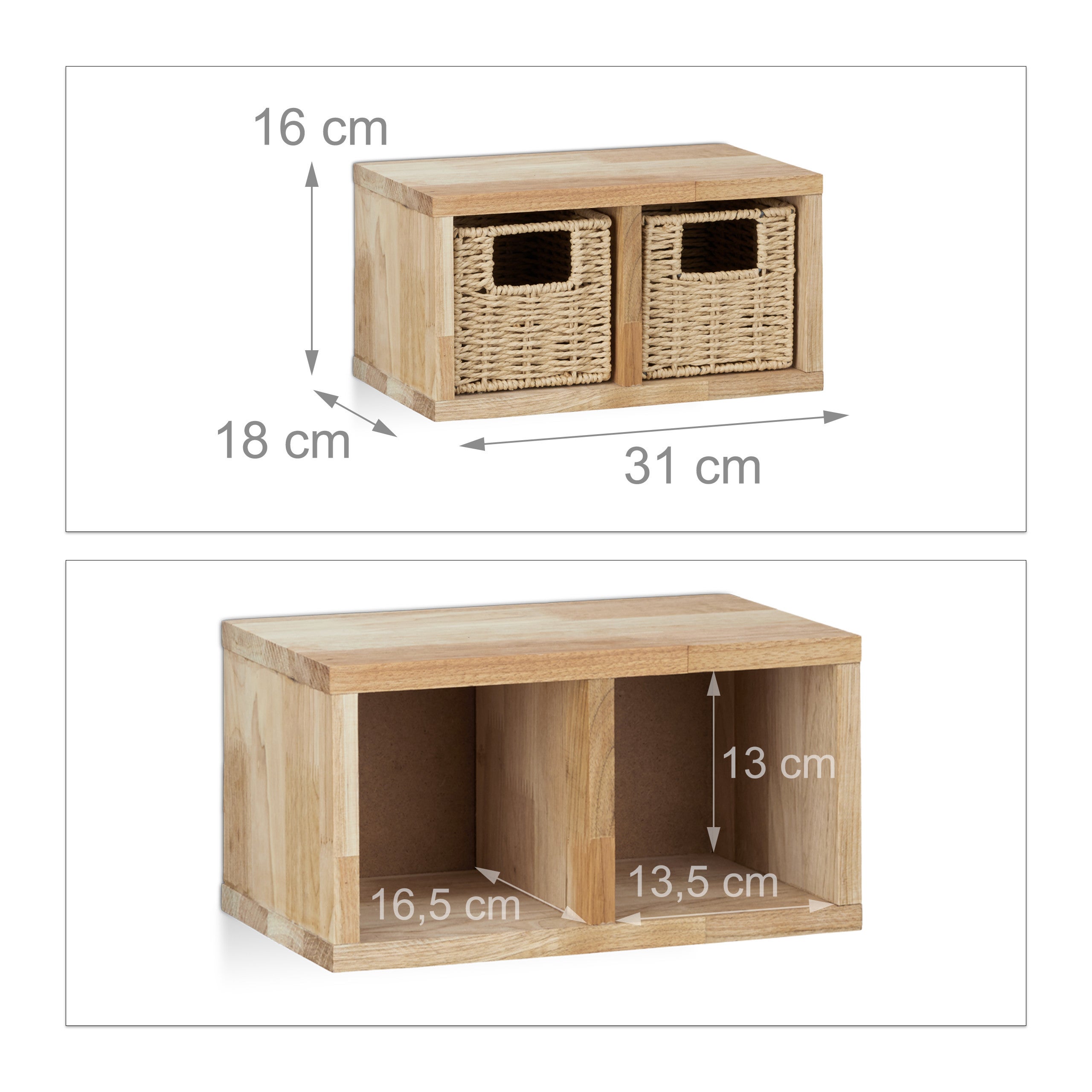 3x Etageres cube rangement, 6 paniers amovibles, corbeille bois noyer couloir chambre cuisine montage mural, nature - 4