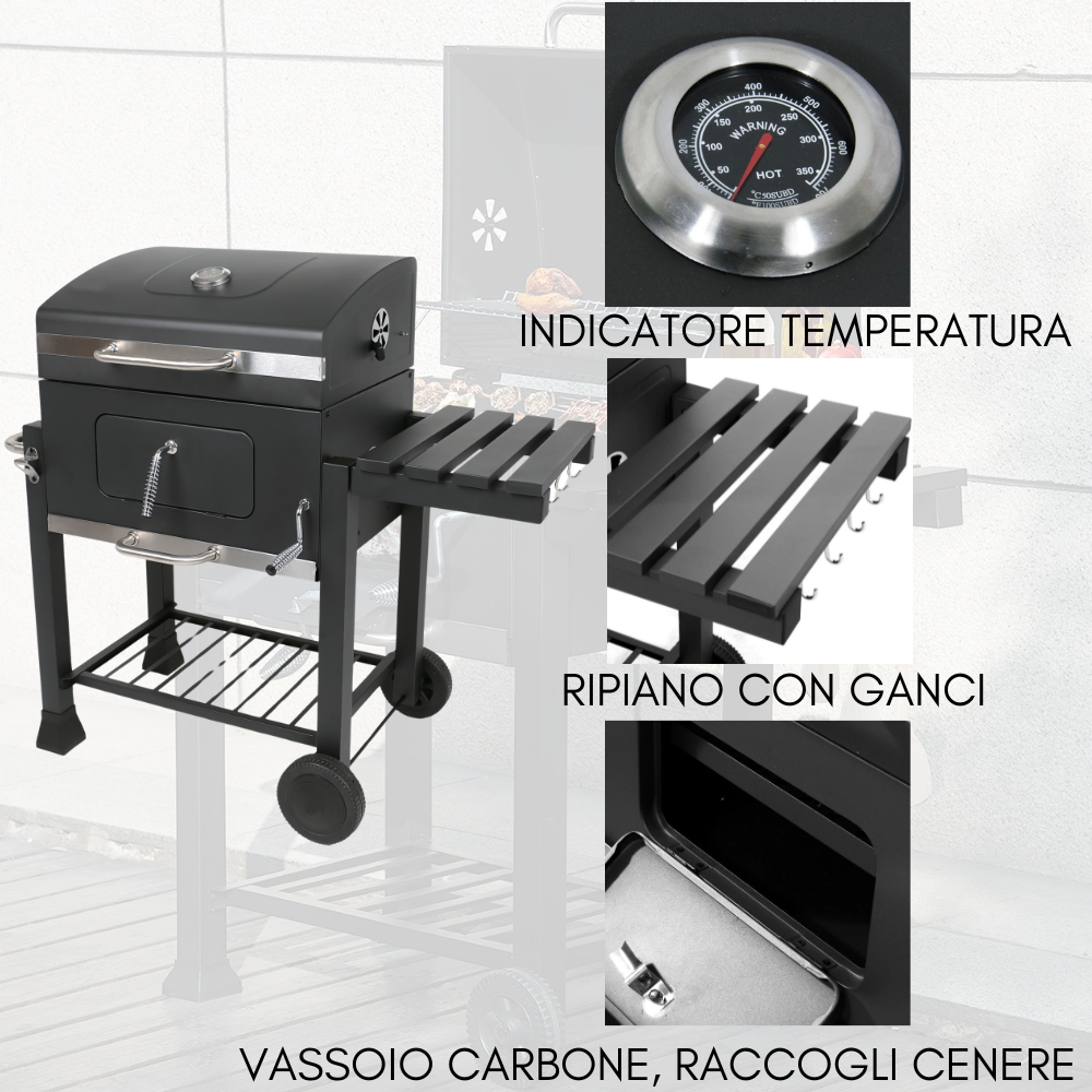 Barbecue a Carbonella Grill BBQ a Carbone Doppia Griglia con Coperchio e Termometro, Ruote e Ripiano, Apribottiglie, in Acciaio e Ghisa da Giardino - 2