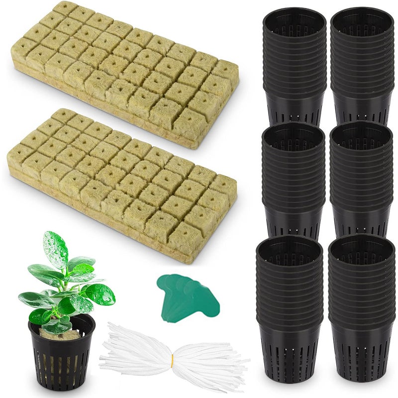 Zestaw 175 doniczek siatkowych do uprawy hydroponicznej, 72 sztuki wełny mineralnej, 72 doniczki siatkowe, 30 etykiet i 10 m sznurka bawełnianego